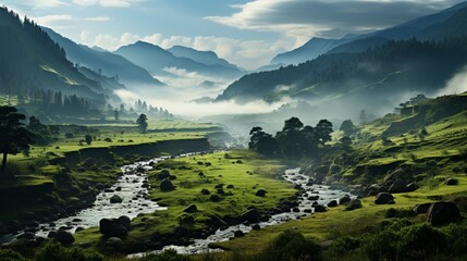 a lush green hillside with a gradient of mist