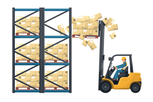 Forklift accident. Fork lift truck colliding with the warehouse rack and dropping the boxes from the pallet. Forklift driving safety. Security First. Industrial Safety and Occupational Health