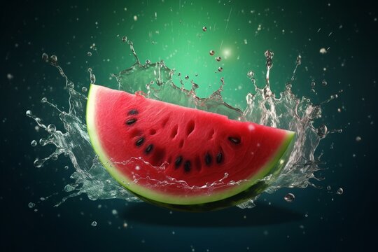 Realistic image depicting watermelon falling in water splashes. Generative AI