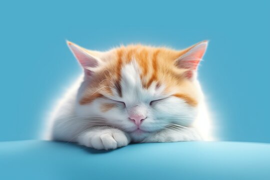 A cute and vulnerable image of a sleepy tri-color cat on a blue background. Generative AI