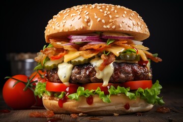 Delicious burger with grilled beef, cheese, and vegetables. Generative AI