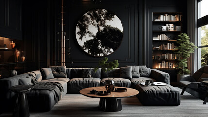 modern interior design with black furniture and sofa, 3 d illustration