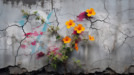 broken wall on a white background with a flower