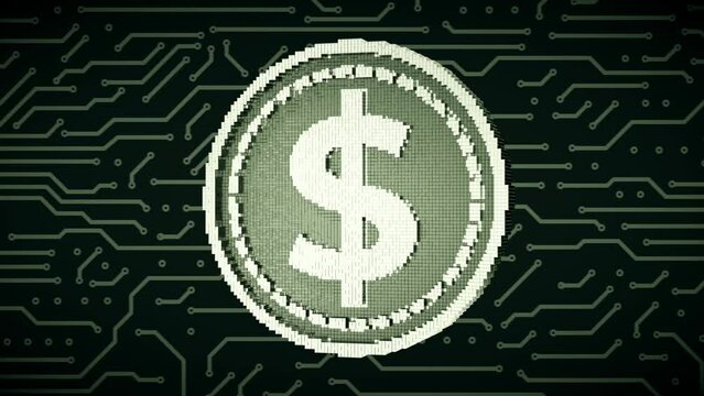 Transformation of a 3d pixel into a digital dollar. Seamless looped. 3D animation. 4k.
