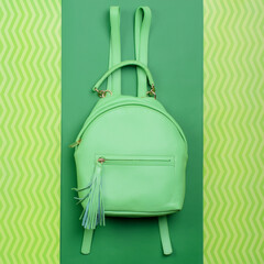 Fashionable female light green leather backpack featuring a top handle and a zippered pocket with a...