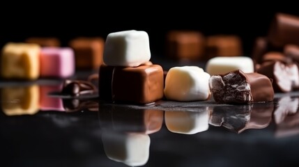Fototapeta na wymiar chocolate, marshmallow, food, glass, drink, sweet, table, dessert, candle, brown, coffee, cake, bottle, delicious, candy, dark, isolated, cocoa, sweets, gourmet, generative ai