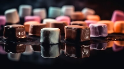 chocolate, marshmallow, food, glass, drink, sweet, table, dessert, candle, brown, coffee, cake, bottle, delicious, candy, dark, isolated, cocoa, sweets, gourmet, generative ai