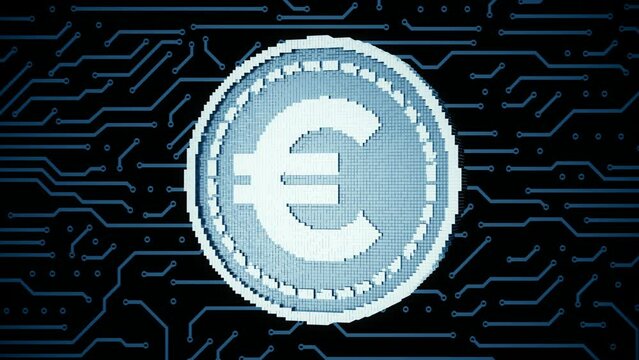 Transformation of a 3d pixel into a digital euro. Seamless looped. 3D animation. 4k.