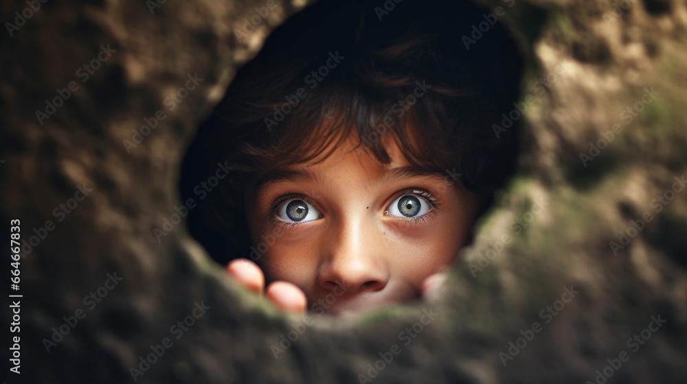 Wall mural a boy peeking out from hole.