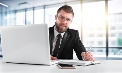 Fototapeta premium Happy smiling professional business person work in office, AI generated image