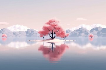 Minimal spring landscape with peaceful and calm background. Sakura bloom adds beauty and tranquility. Generative AI
