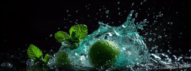 mint, water, splash, liquid, nature, drop, abstract, green, black, splashing, cold, blue, bubble, falling, motion, drops, rain, 1000fps, white, macro, fresh, wet, spring, clean, drink, ice, generative