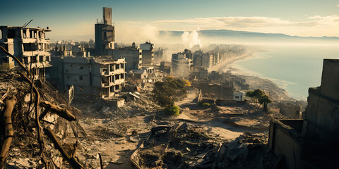 A deserted city in ruins landscape engulfed i chaos through the ruins of a war-torn urban landscape