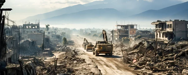 Fotobehang A heavy-duty construction vehicle traversing a dusty path through the ruins of a war-torn urban landscape © Nedrofly