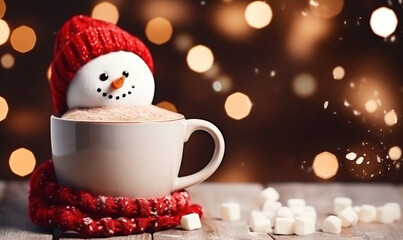 A warm cozy mug of hot chocolate with a snowman marshmallow. Winter drink - obrazy, fototapety, plakaty
