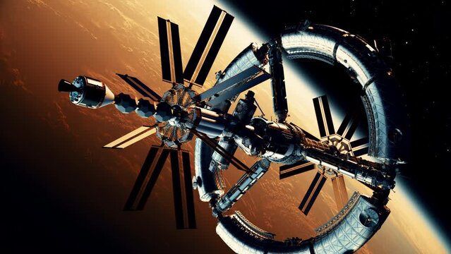 Futuristic space station orbiting red planet. 4K. 3D Animation.