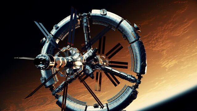 New space station orbiting red planet. 4K. 3D Animation.