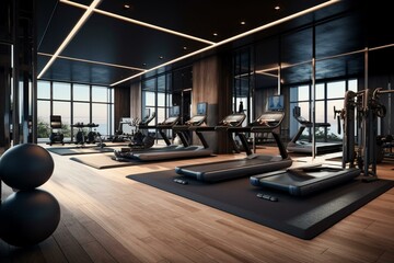Fototapeta na wymiar Contemporary fitness area equipped with diverse workout gear and machines. Generative AI