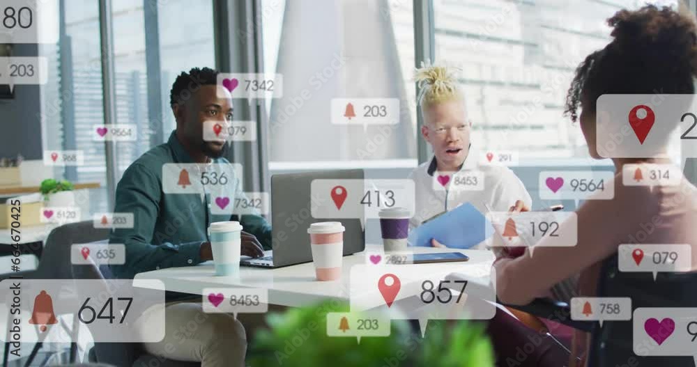 Poster animation of multiple notification bars over diverse coworkers discussing reports in cafes