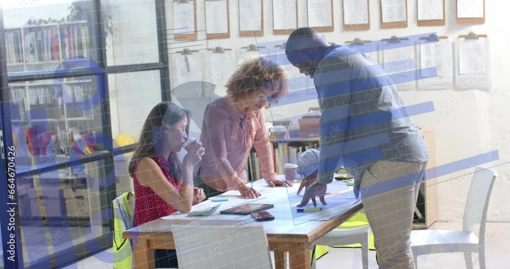 Poster animation of graphs and loading circles over diverse coworkers discussing blueprint in office
