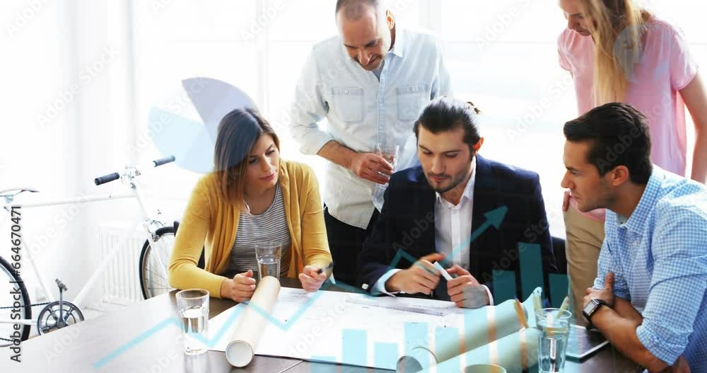 Poster animation of infographic interface over diverse architects sharing ideas and discussing blueprint