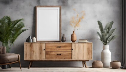 Wooden cabinet, dresser against concrete wall with empty blank mockup poster 