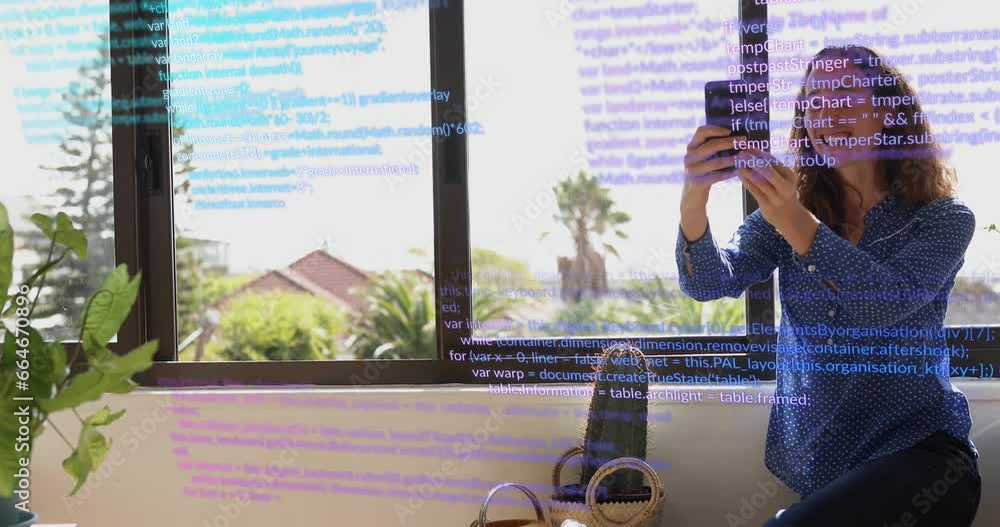Poster animation of computer language over caucasian woman sitting near window and talking on video call