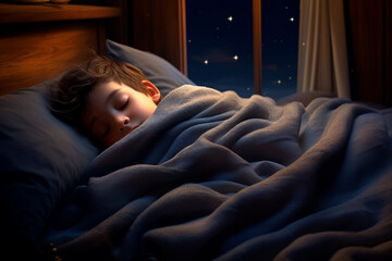 A kid sleeping in bed at night - obrazy, fototapety, plakaty