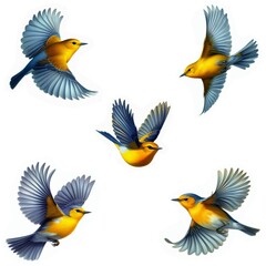 A set of male and female Prothonotary Warblers flying isolated on a white background