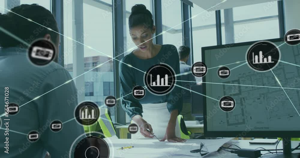 Poster animation of connected icons over diverse architects discussing blueprint in office
