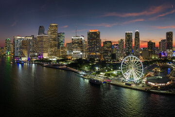 Aerial view of Skyviews Miami Observation Wheel at Bayside Marketplace with reflections in Biscayne...