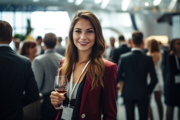 Businesswoman networking at a corporate event with a glass of wine. - obrazy, fototapety, plakaty