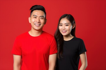 Obraz premium Portrait of a Happy Fictional Diverse Couple Smiling. Isolated on a Plain Colored Background. Generative AI Illustration.