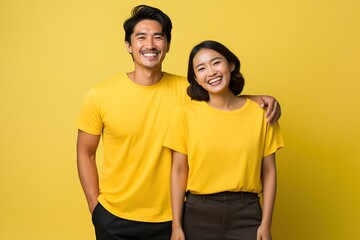 Obraz premium Portrait of a Happy Fictional Diverse Couple Smiling. Isolated on a Plain Colored Background. Generative AI Illustration.