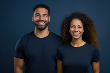 Portrait of a Happy Fictional Diverse Couple Smiling. Isolated on a Plain Colored Background. Generative AI Illustration.
