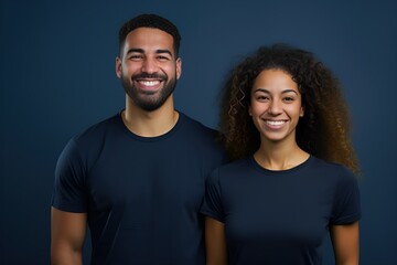 Obraz premium Portrait of a Happy Fictional Diverse Couple Smiling. Isolated on a Plain Colored Background. Generative AI Illustration.