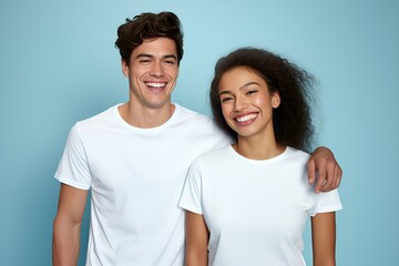 Fototapeta premium Portrait of a Happy Fictional Diverse Couple Smiling. Isolated on a Plain Colored Background. Generative AI Illustration.