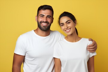 Obraz premium Portrait of a Happy Fictional Diverse Couple Smiling. Isolated on a Plain Colored Background. Generative AI Illustration.