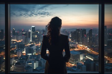 Female executive overlooking cityscape from high-rise office. - obrazy, fototapety, plakaty