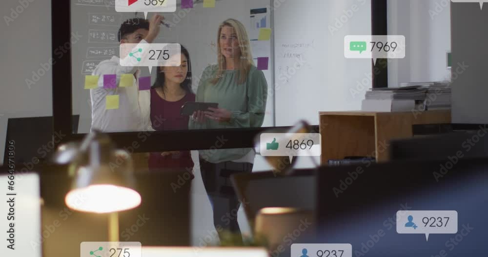 Poster animation of notification bars over diverse coworkers discussing strategy on sticky notes
