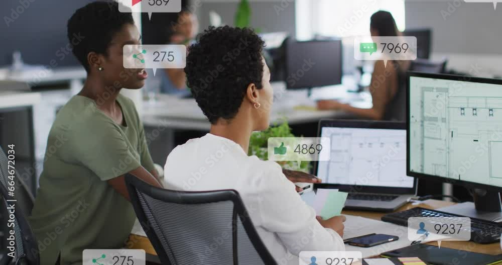 Poster animation of notification bars over diverse female coworkers discussing reports on computer