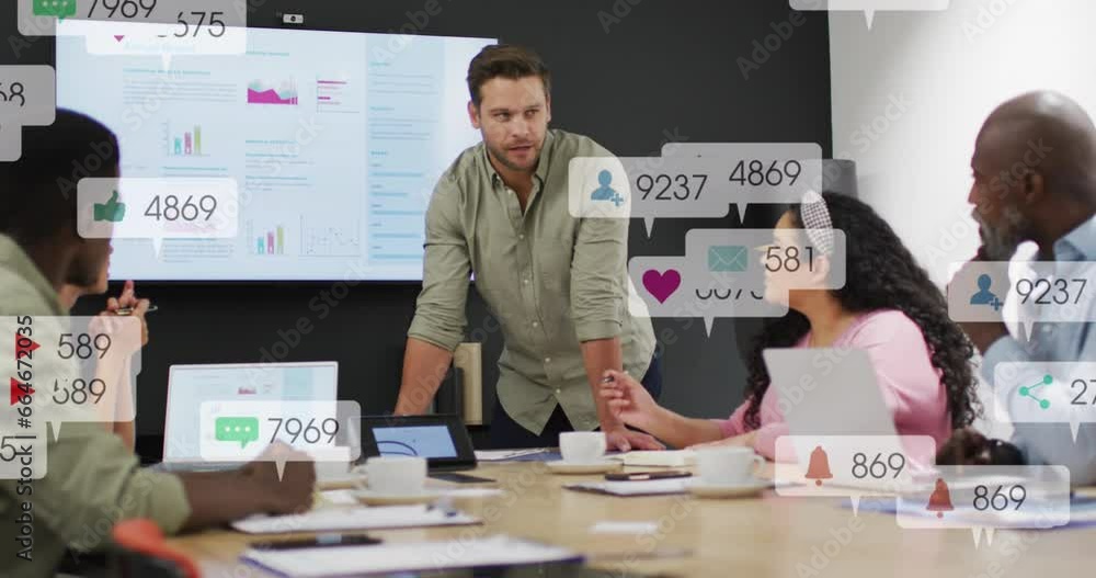 Poster animation of multiple notification bars over diverse coworkers discussing reports in office