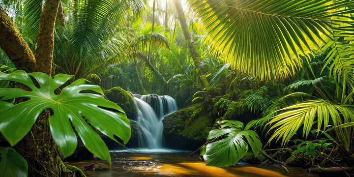 Jungle on a sunny day. Beautiful tropical rainforest illustration with exotic plants, palms, big leaves and flowing water. Bright sunbeams. Background with pristine nature landscape. Generative AI