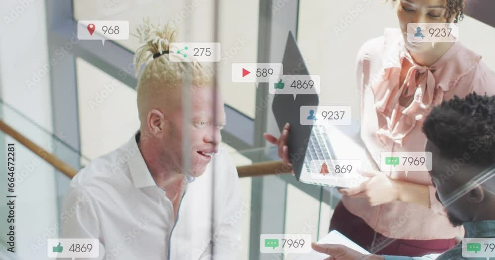 Aufkleber animation of multiple notification bars over diverse coworkers standing and discussing in office