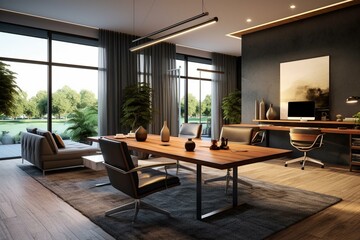 Modern living space with gray office area, featuring a wooden table and fabric chair. Generative AI