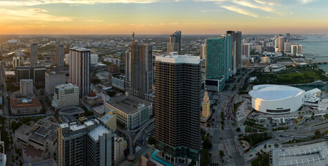 Evening urban landscape of downtown district of Miami Brickell in Florida, USA. Skyline with high skyscraper buildings in modern american megapolis