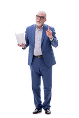 Old businessman holding book isolated on white