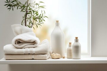 Fototapeta na wymiar Ceramic bottles, cotton towels on window. Spa concept. Generative AI