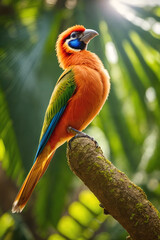 Obraz premium Colorful tropical bird in jungle on a sunny day. Rainforest illustration with bright beautiful birdie among exotic plants with big leaves. Background with pristine nature landscape. Generative AI