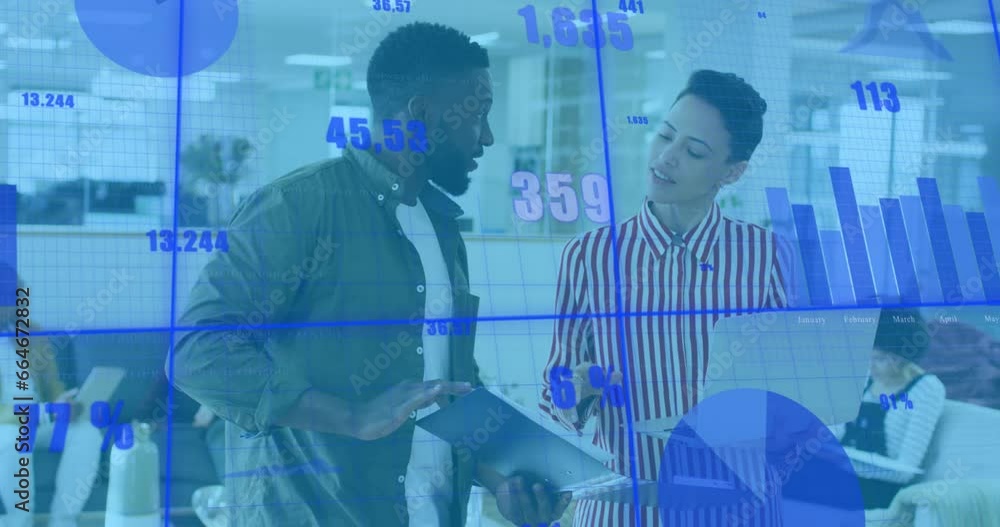 Aufkleber animation of graphs and changing numbers over diverse coworkers standing and discussing reports